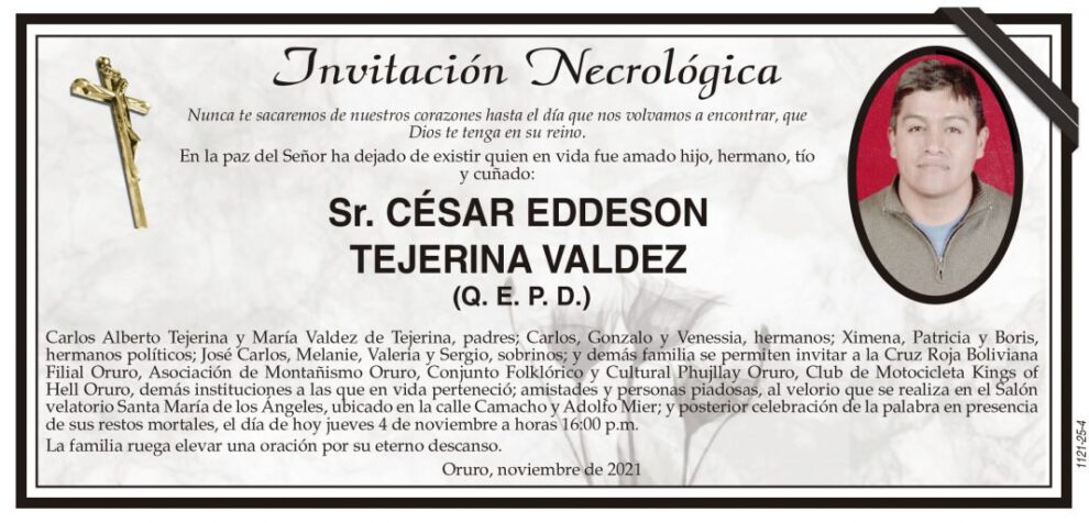 Invitación Necrológica para César Eddeson Tejerina Valdez