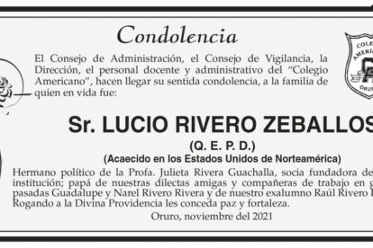 Condolencia por el fallecimiento de Lucio Rivero Zeballos