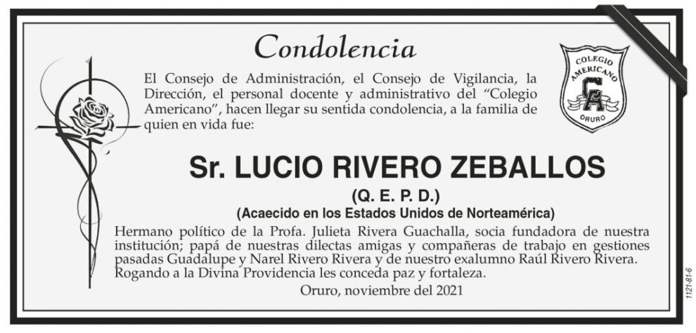 Condolencia por el fallecimiento de Lucio Rivero Zeballos