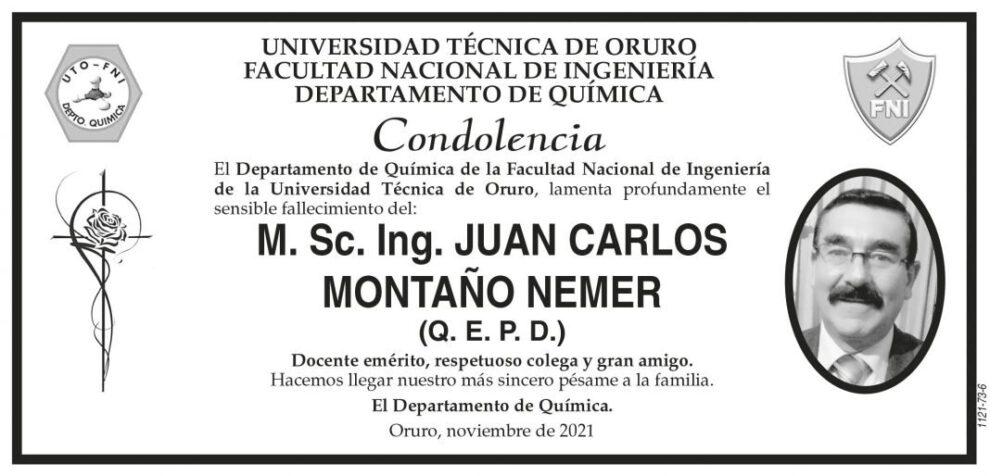 Condolencia por el fallecimiento de Juan Carlos Montaño Nemer