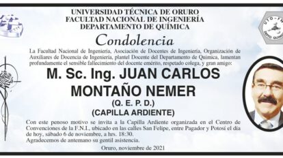 Condolencia por el fallecimiento de Juan Carlos Montaño Nemer