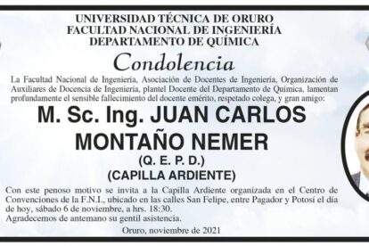 Condolencia por el fallecimiento de Juan Carlos Montaño Nemer