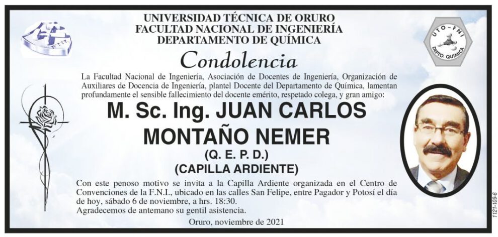 Condolencia por el fallecimiento de Juan Carlos Montaño Nemer