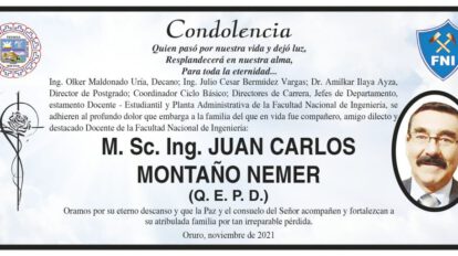 Condolencia por Juan Carlos Montaño Nemer