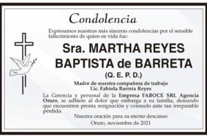 Condolencia por el fallecimiento de Martha Reyes Baptista