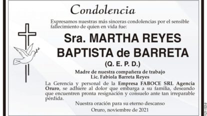 Condolencia por el fallecimiento de Martha Reyes Baptista