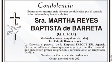 Condolencia por el fallecimiento de Martha Reyes Baptista