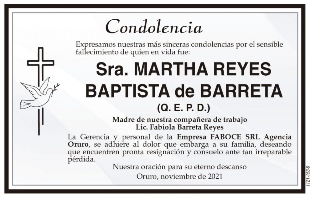 Condolencia por el fallecimiento de Martha Reyes Baptista