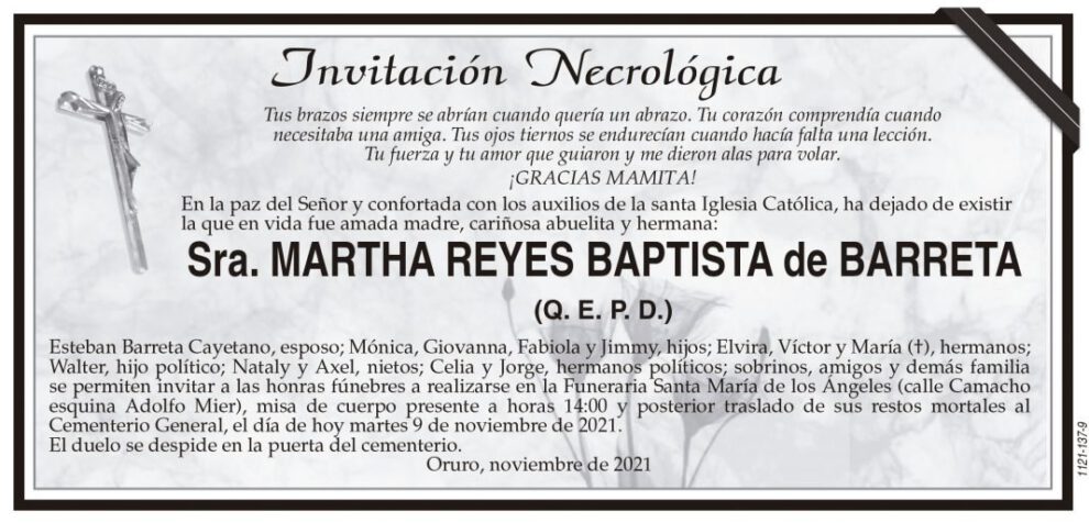 Invitación Necrológica de Martha Reyes Baptista
