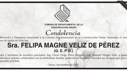 Condolencia por el fallecimiento de Felipa Magne Veliz de Pérez