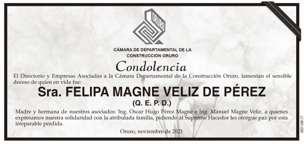 Condolencia por el fallecimiento de Felipa Magne Veliz de Pérez