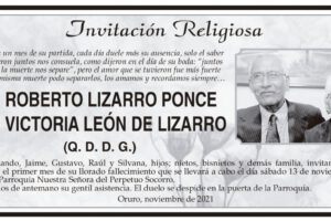 Invitación Religiosa para Roberto Lizarro Ponce y Victoria León de Lizarro