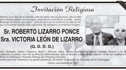 Invitación Religiosa para Roberto Lizarro Ponce y Victoria León de Lizarro