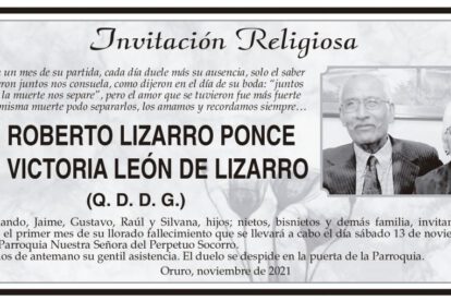Invitación Religiosa para Roberto Lizarro Ponce y Victoria León de Lizarro