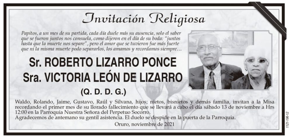 Invitación Religiosa para Roberto Lizarro Ponce y Victoria León de Lizarro