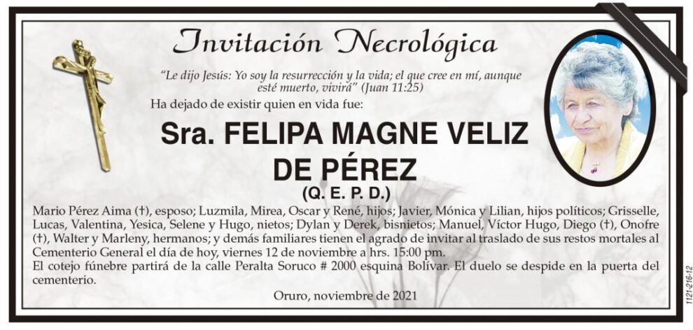 Invitación Necrológica: Felipa Magne Veliz de Pérez