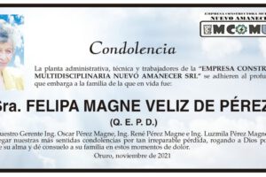 Condolencias por la Sra. Felipa Magne Veliz de Pérez