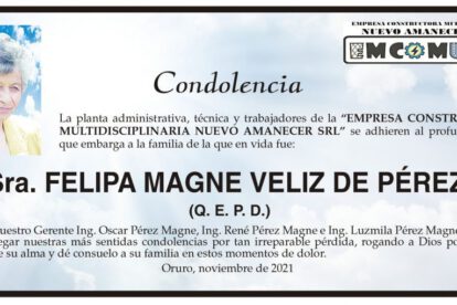 Condolencias por la Sra. Felipa Magne Veliz de Pérez