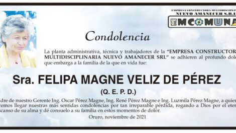 Condolencias por la Sra. Felipa Magne Veliz de Pérez