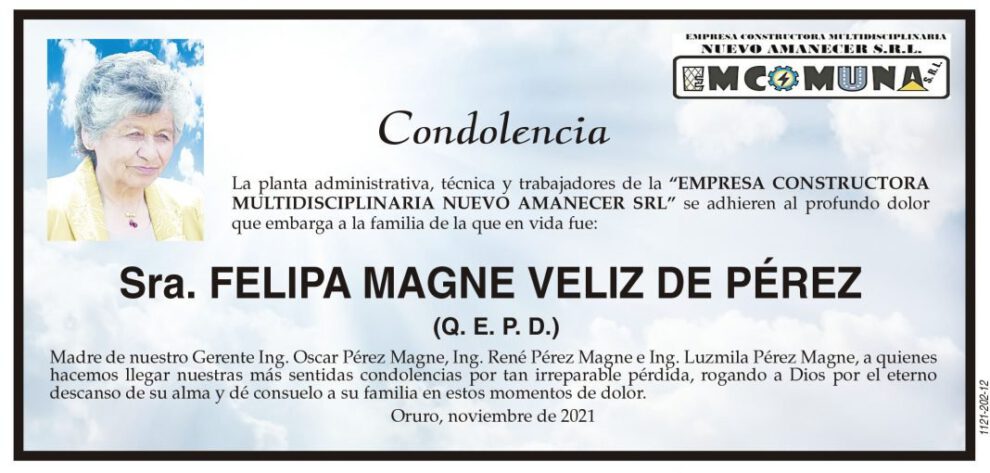 Condolencias por la Sra. Felipa Magne Veliz de Pérez