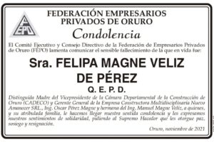 Condolencia por el fallecimiento de Felipa Magne Veliz de Pérez