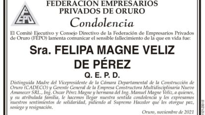 Condolencia por el fallecimiento de Felipa Magne Veliz de Pérez