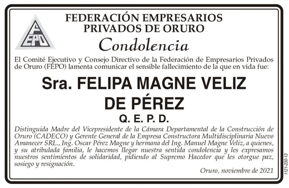 Condolencia por el fallecimiento de Felipa Magne Veliz de Pérez