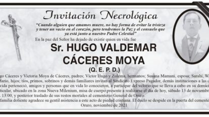 Invitación Necrológica de Hugo Valdemar Cáceres Moya