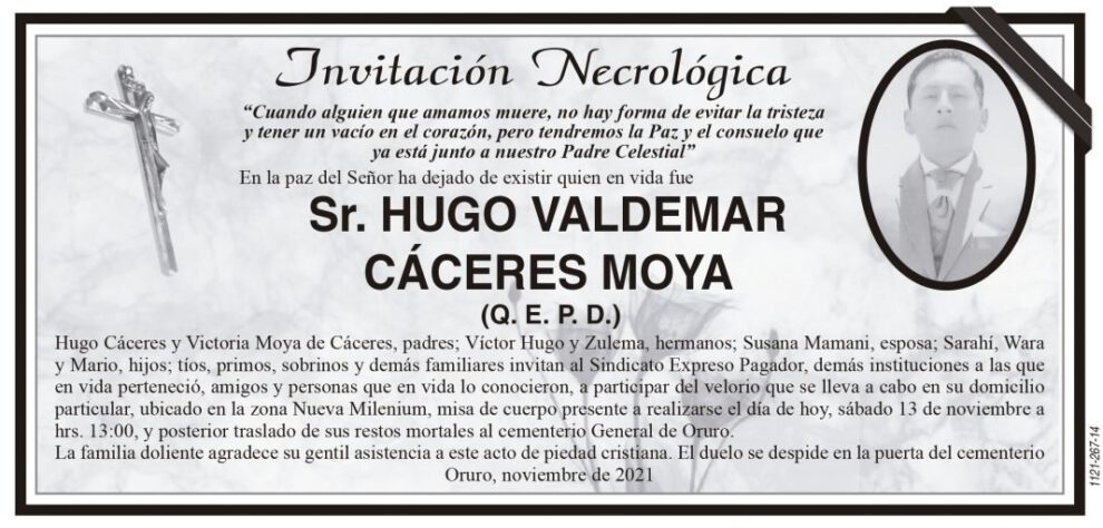 Invitación Necrológica de Hugo Valdemar Cáceres Moya