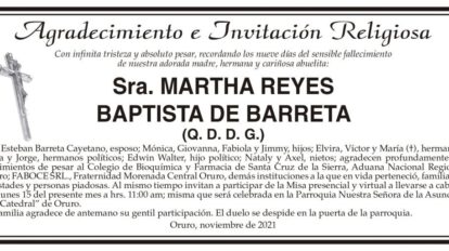 Agradecimiento e Invitación Religiosa por Martha Reyes Baptista de Barreta