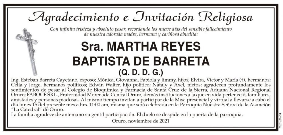 Agradecimiento e Invitación Religiosa por Martha Reyes Baptista de Barreta