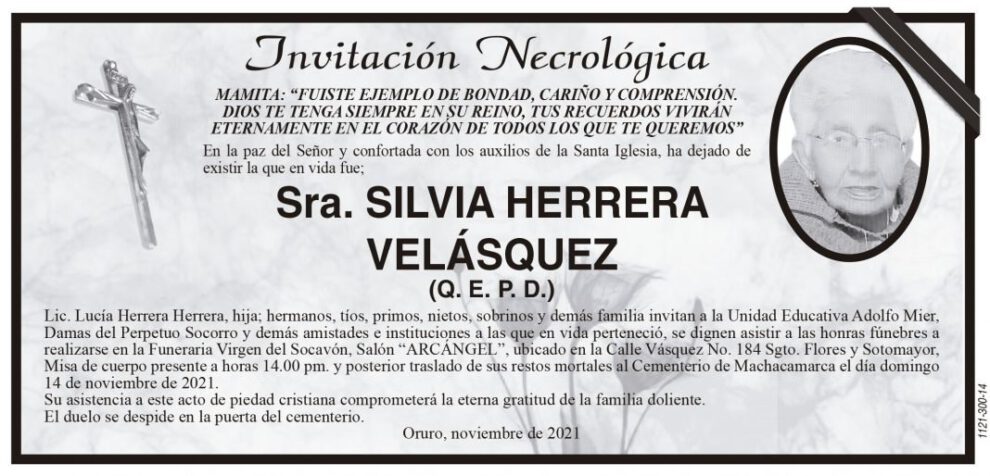 Invitación necrológica de Silvia Herrera Velásquez