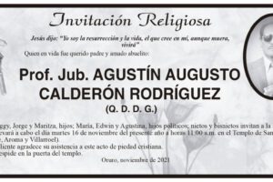 Invitación religiosa para Prof. Jub. Agustín Augusto Calderón Rodríguez