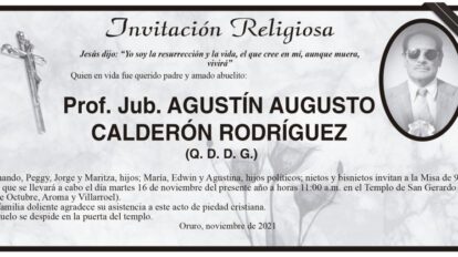 Invitación religiosa para Prof. Jub. Agustín Augusto Calderón Rodríguez
