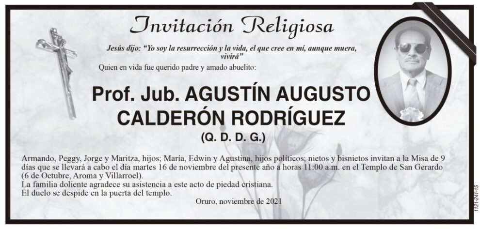 Invitación religiosa para Prof. Jub. Agustín Augusto Calderón Rodríguez