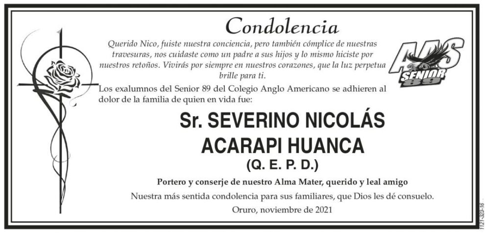 Condolencia por Severino Nicolás Acarapi Huanca
