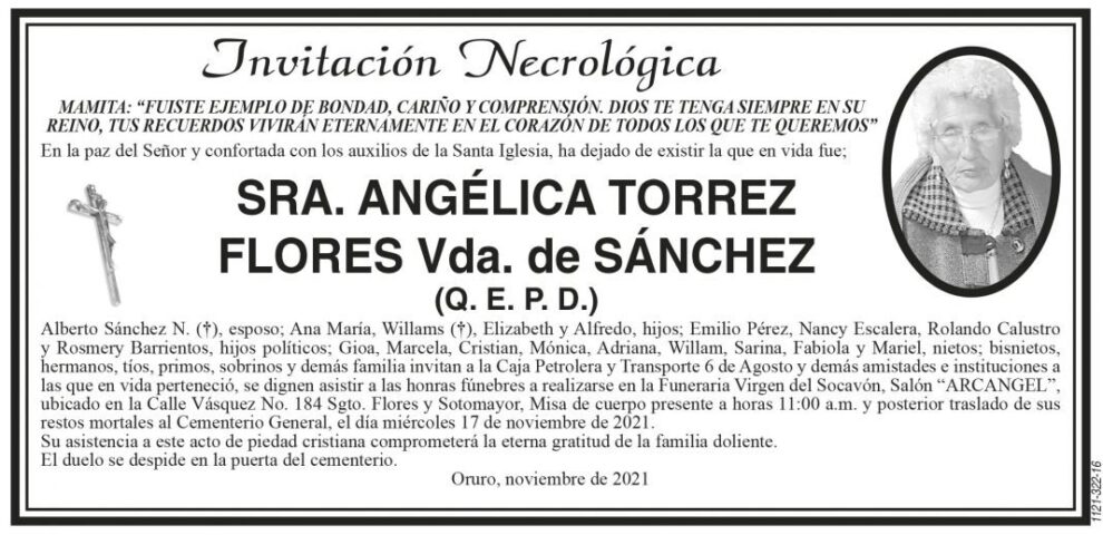 Invitación Necrológica SRA. ANGÉLICA TORREZ FLORES Vda. de SÁNCHEZ