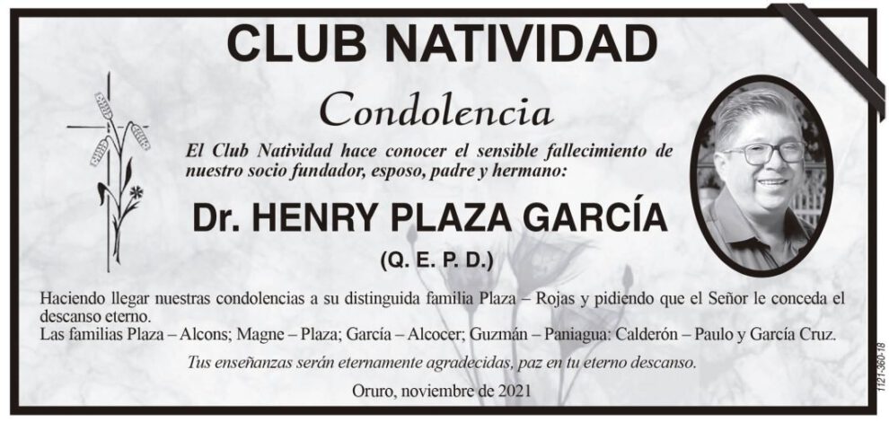 Condolencia por el fallecimiento del Dr. Henry Plaza García