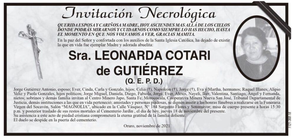 Invitación Necrológica de Leonarda Cotari de Gutiérrez