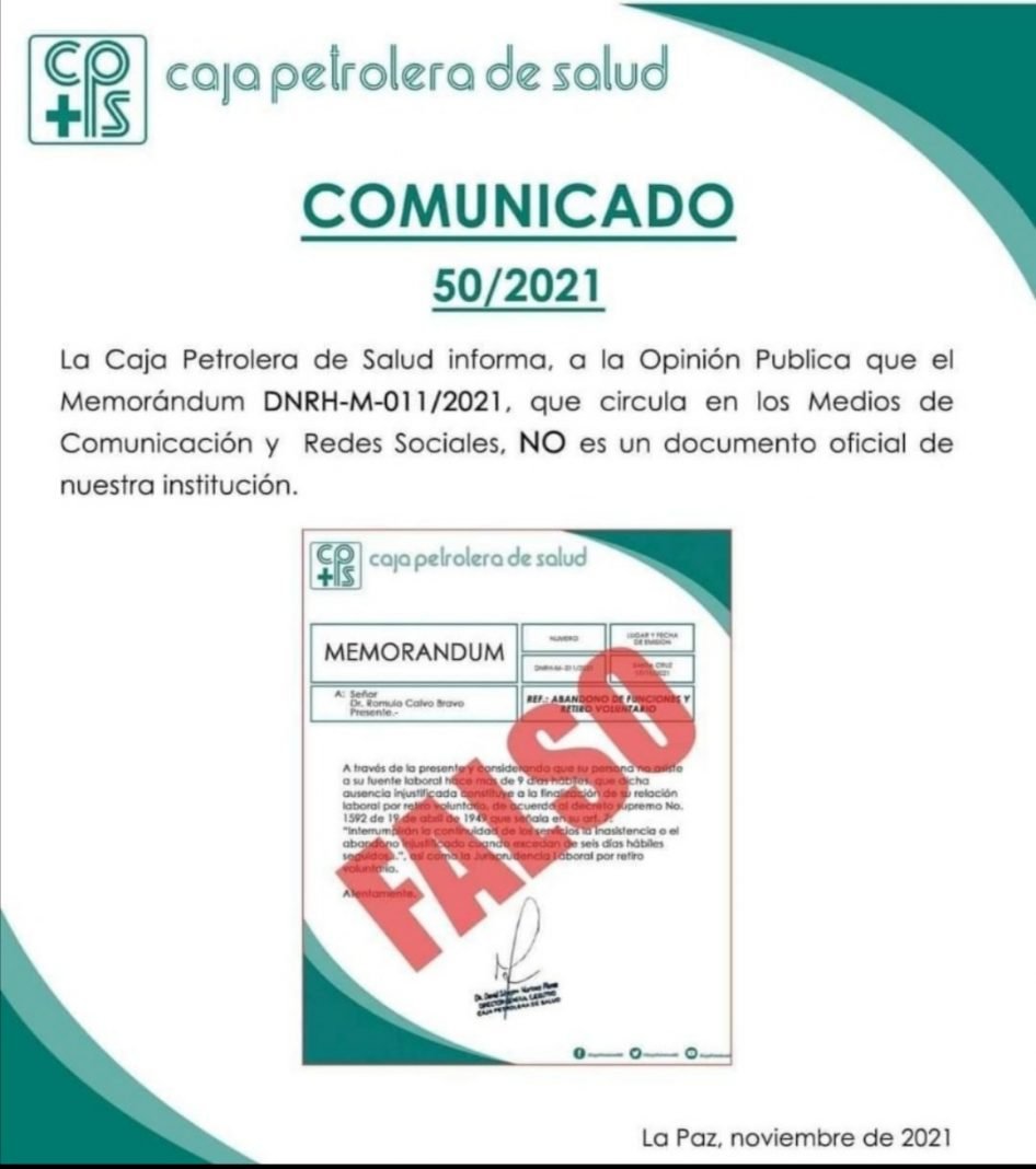 Comunicado de la Caja Petrolera de Salud sobre Rómulo Calvo