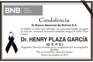 Condolencia por el fallecimiento del Dr. Henry Plaza García