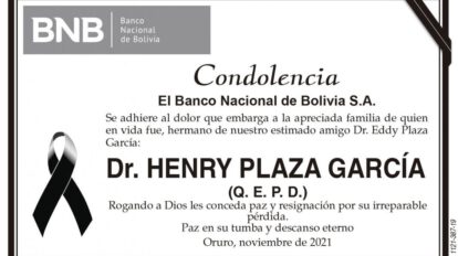 Condolencia por el fallecimiento del Dr. Henry Plaza García