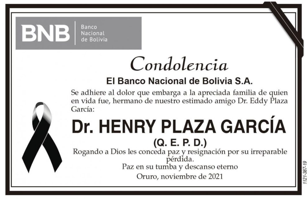 Condolencia por el fallecimiento del Dr. Henry Plaza García