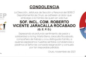 Condolencia por Roberto Vicente Jaracalla Rocabado