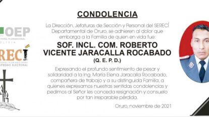 Condolencia por Roberto Vicente Jaracalla Rocabado