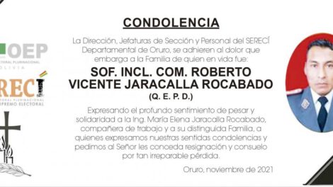 Condolencia por Roberto Vicente Jaracalla Rocabado