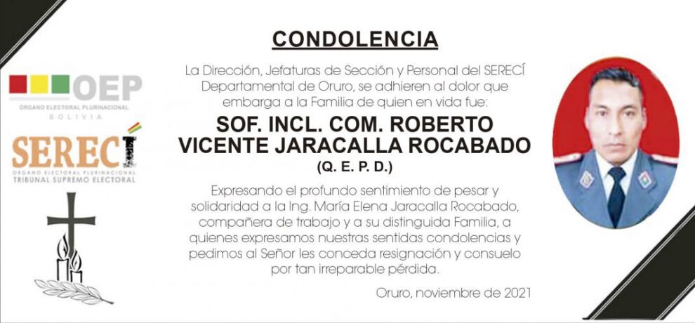 Condolencia por Roberto Vicente Jaracalla Rocabado
