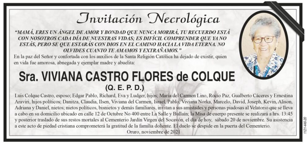 Invitación Necrológica de Viviana Castro Flores