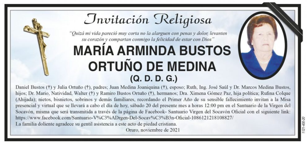 Invitación Religiosa para María Arminda Bustos Ortuño de Medina
