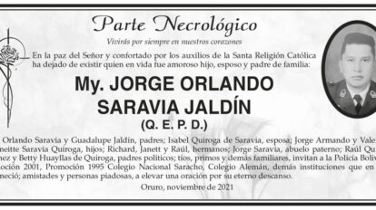 Parte Necrológico de My. Jorge Orlando Saravia Jaldín